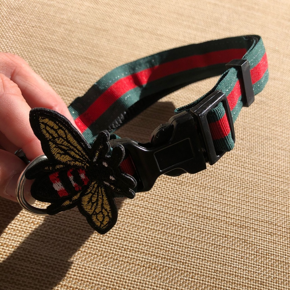 Luxury bee striped ribbon collar medium Pet dog cat bug embroidered gift xmas - Picture 5 of 6